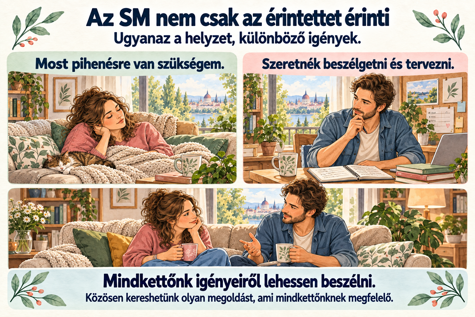 Az SM nem csak az érintettet érinti - ugyanaz a helyzet, különböző igények: az érintett pihenni szeretne, a társa beszélgetni vagy tervezni. Mindkettőjük igényeiről lehessen beszélni.