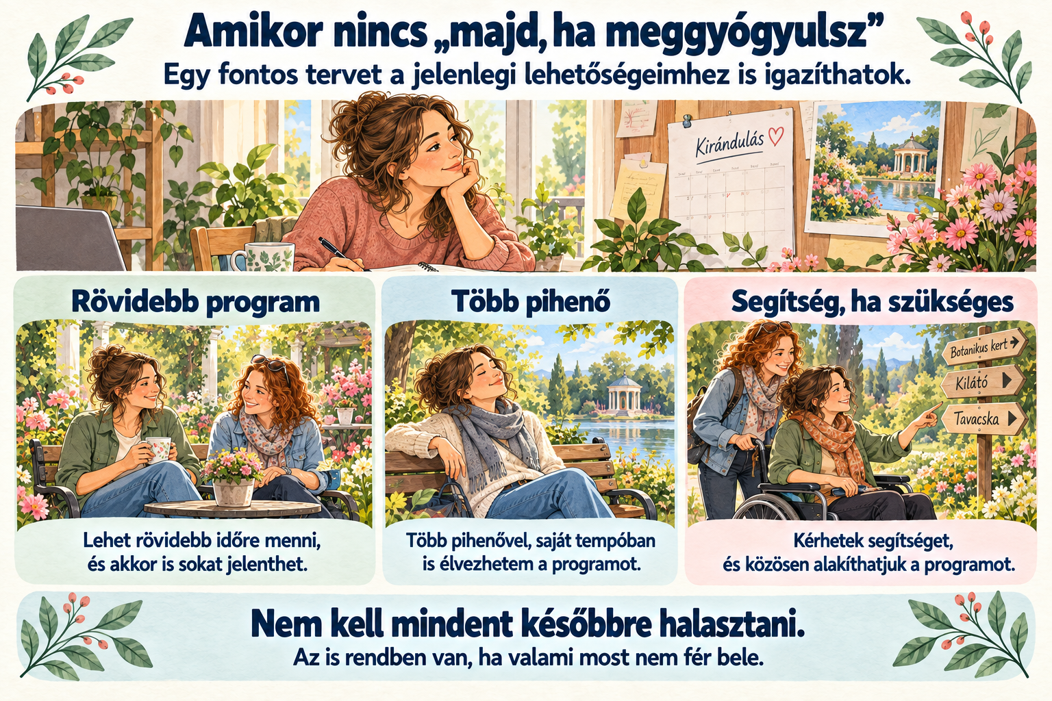 Nem kell mindent későbbre halasztani – egy fontos terv a jelenlegi lehetőségekhez igazítva: rövidebb program, több pihenő, segítség.